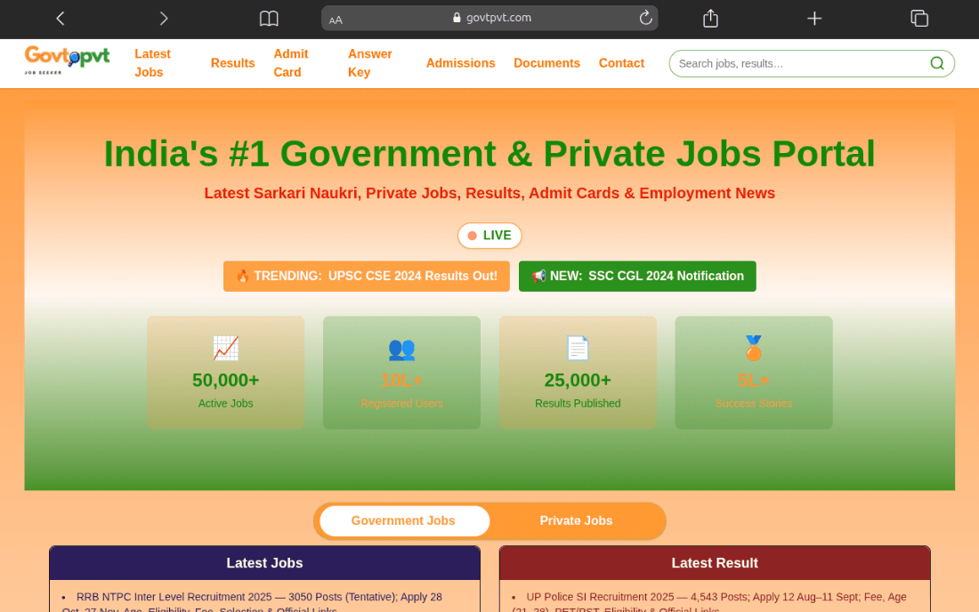 Govtpvt.com screenshot